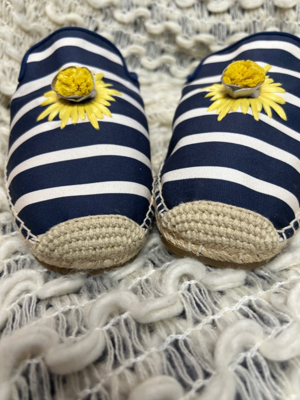 kate spade Navy & White Solero Striped Espadrille Mules Yellow Floral Applique - Picture 9 of 10